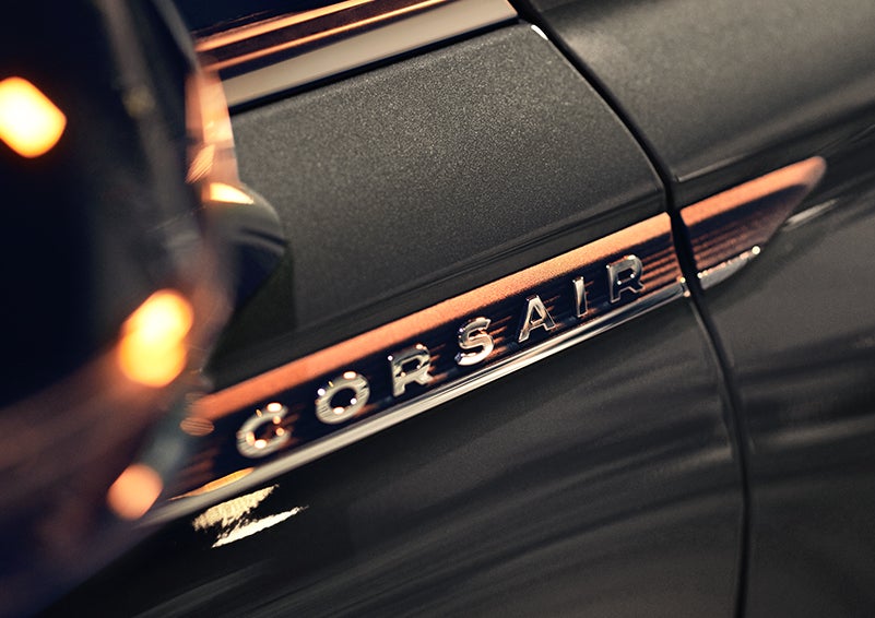 The stylish chrome badge reading “CORSAIR” is shown on the exterior of the vehicle. | Lincoln of Cutler Bay in Miami FL